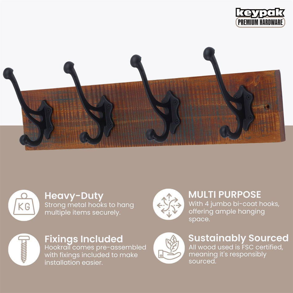 4 Black Antique-Style Hooks on Antique Wooden Board