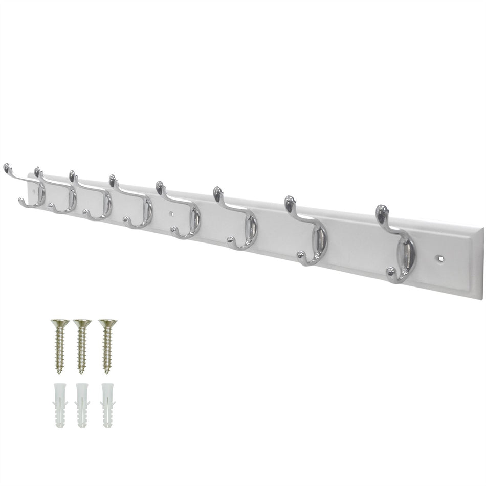 Wall Mounted Coat Rack, 84cm White Board & 8 Polished Chrome Hooks