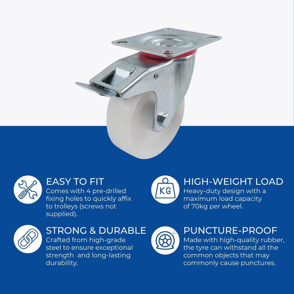 100mm Swivel Castor Wheel Plate Brake White Polypropylene 70kg Load Castor - Select Hardware