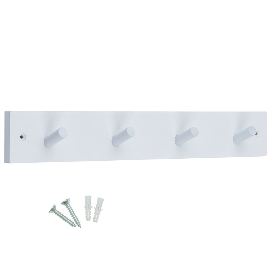 4 White Wooden Peg Hooks on White Wooden Board