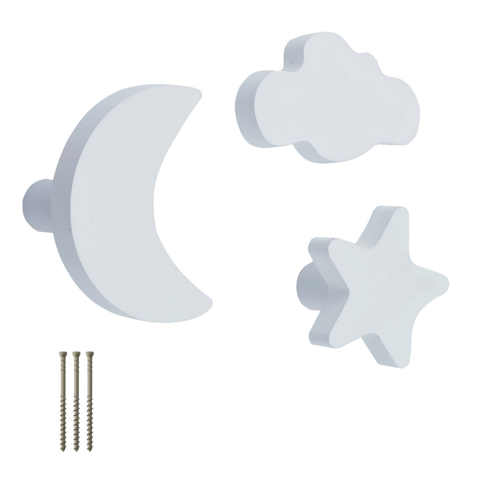 Wall Mounted Night Sky Coat Hooks Set for Kids - White Moon and Stars