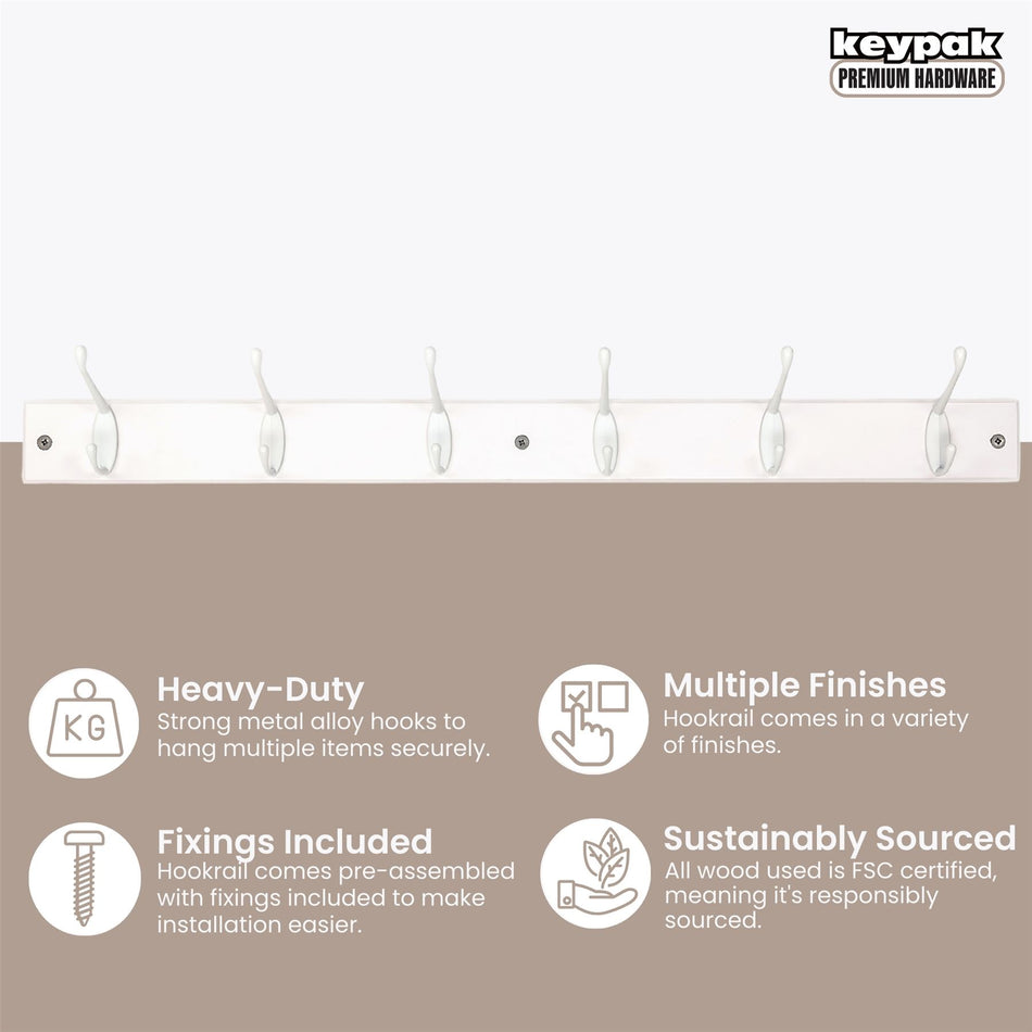 6-Hook Wall Mounted Coat Rack White Board, Double White Hooks