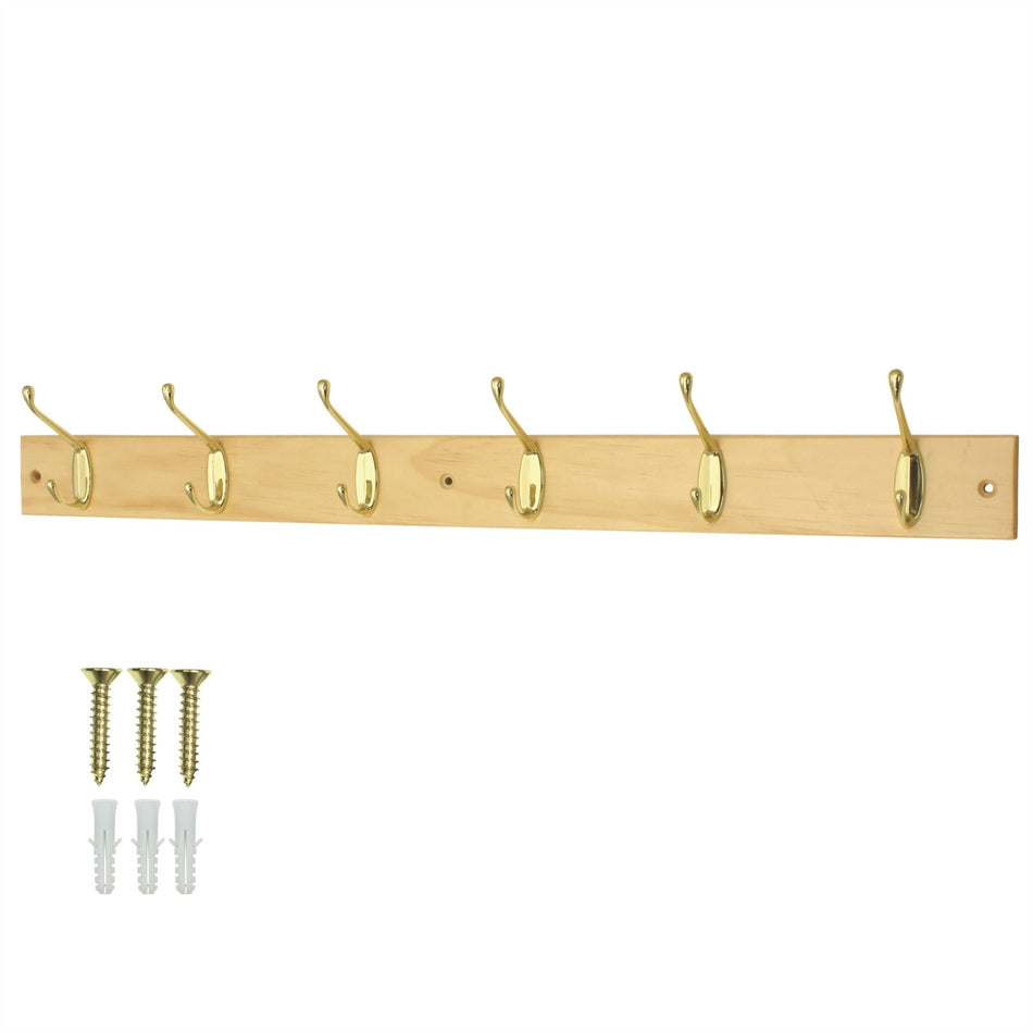 6-Hook Wall Mounted Coat Rack 69cm Solid Pine Board-Double Brass Hooks