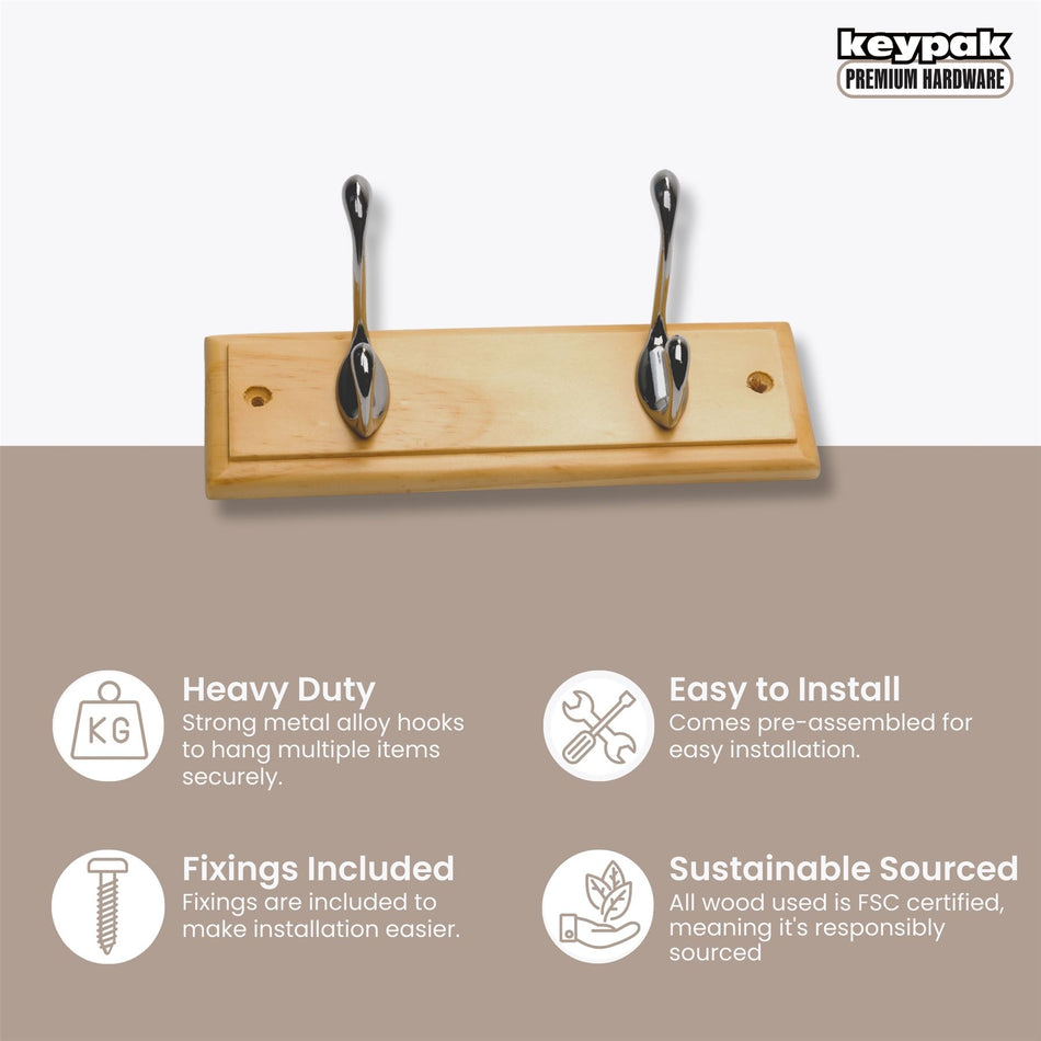 2 Polished Chrome Hooks on Pine Wooden Board