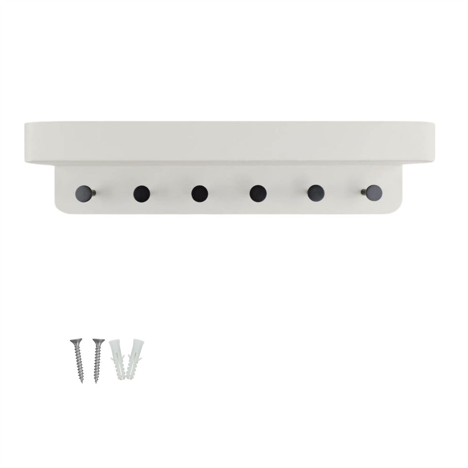 White/Black Wall Mounted Coat Rack with Shelf - 6 Pegs