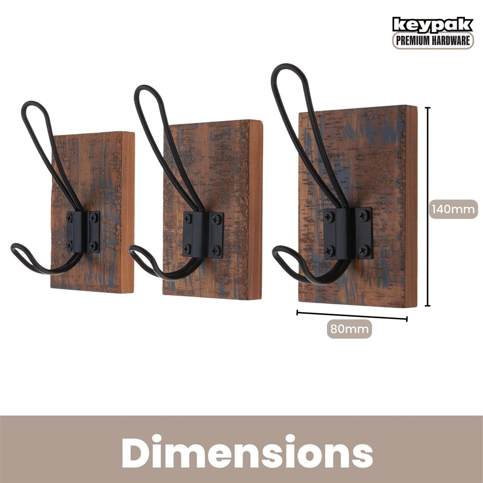 Keypak Set of 3 Rustic Antique  Wall Mounted Wooden Wall Hooks