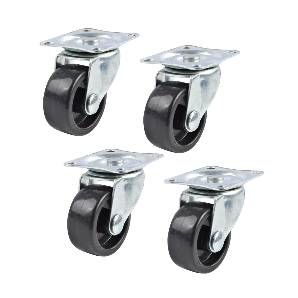 Swivel Castor Wheels 30mm Diameter, Black Plastic, Plate Fixing - 4 Pack