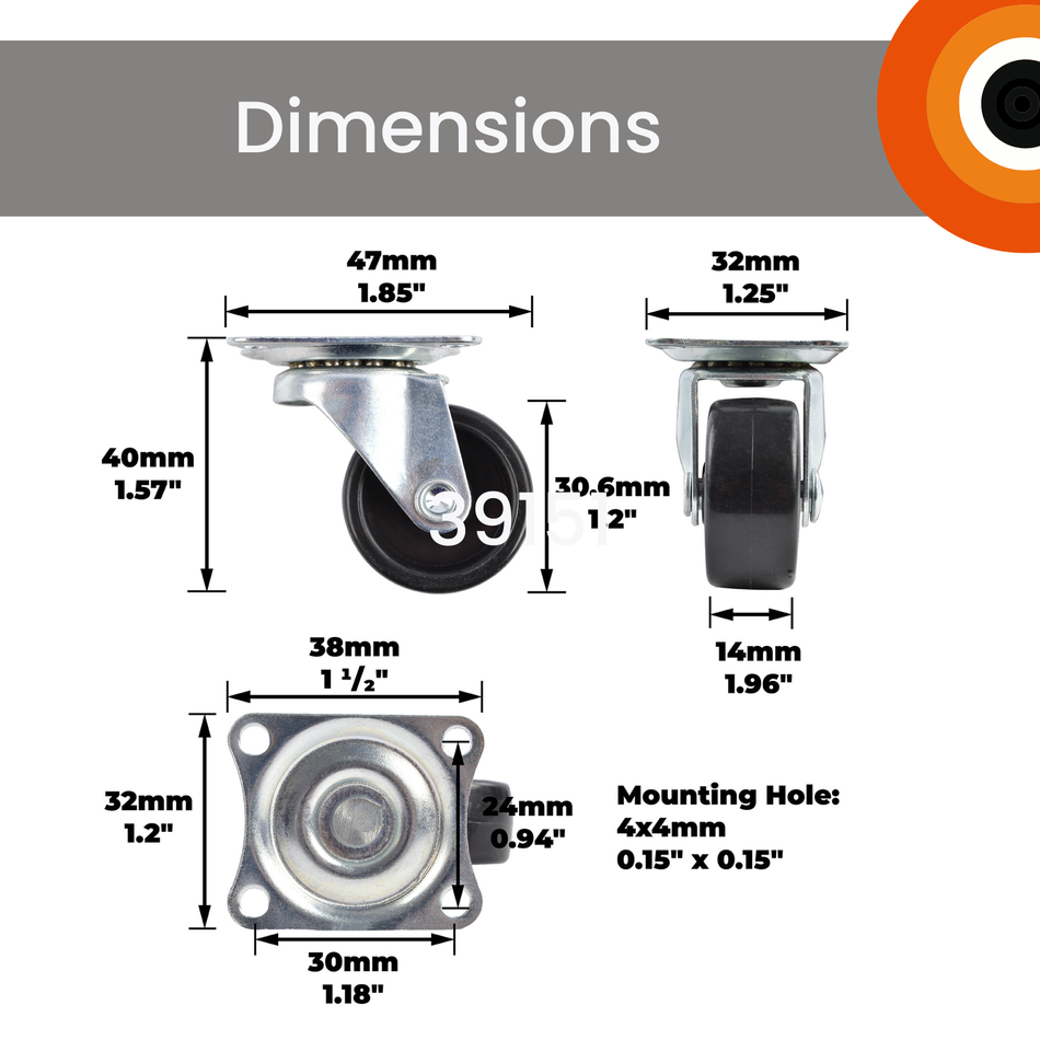 Swivel Castor Wheels 30mm Diameter, Black Plastic, Plate Fixing - 4 Pack