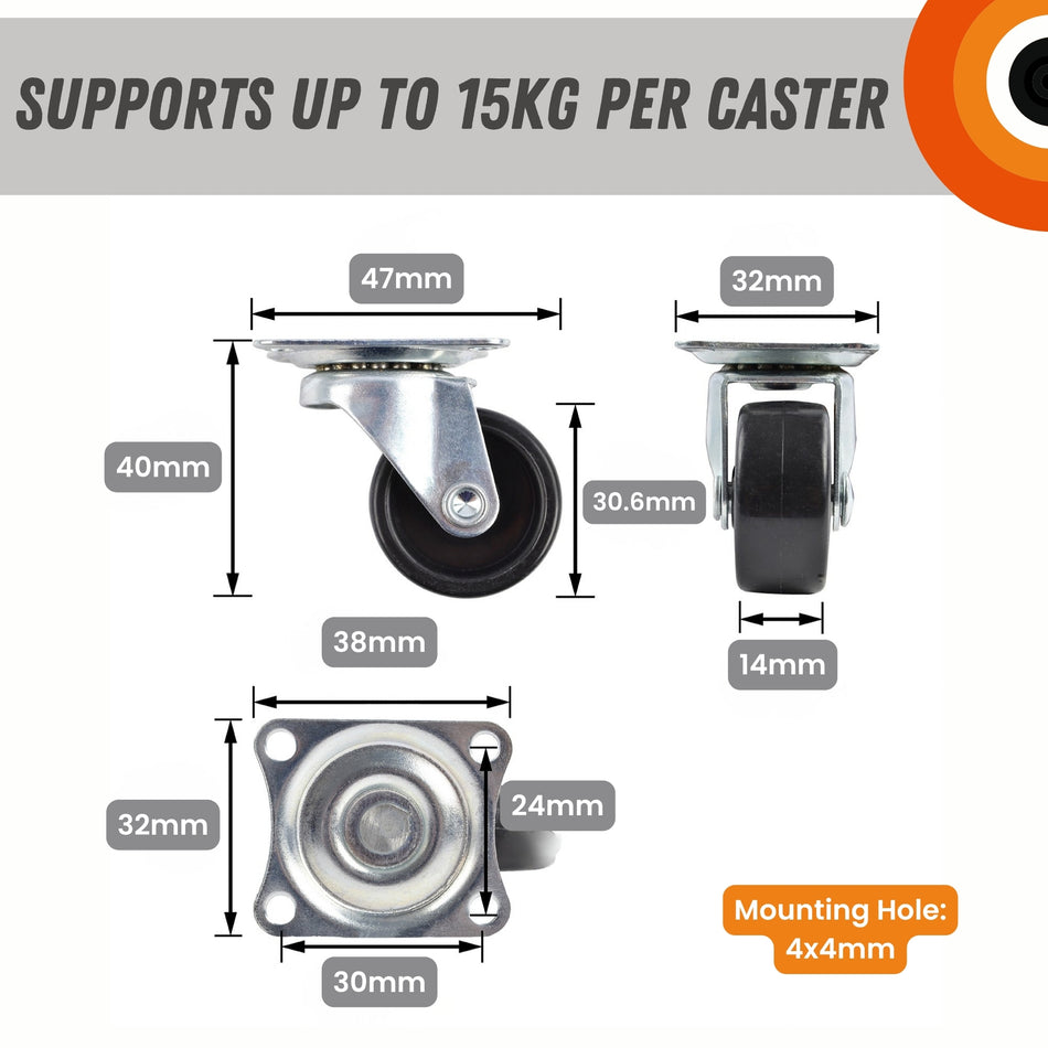 Swivel Castor Wheels 30mm Diameter, Black Plastic, Plate Fixing - 4 Pack