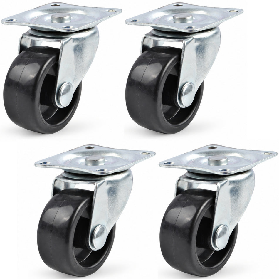 Swivel Castor Wheels 30mm Diameter, Black Plastic, Plate Fixing - 4 Pack