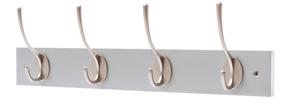 4 Satin Nickel Coat Hooks on Dove Grey Wooden Board