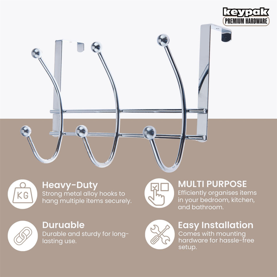 Chrome Over The Door Coat Rack - 3 Double Hooks