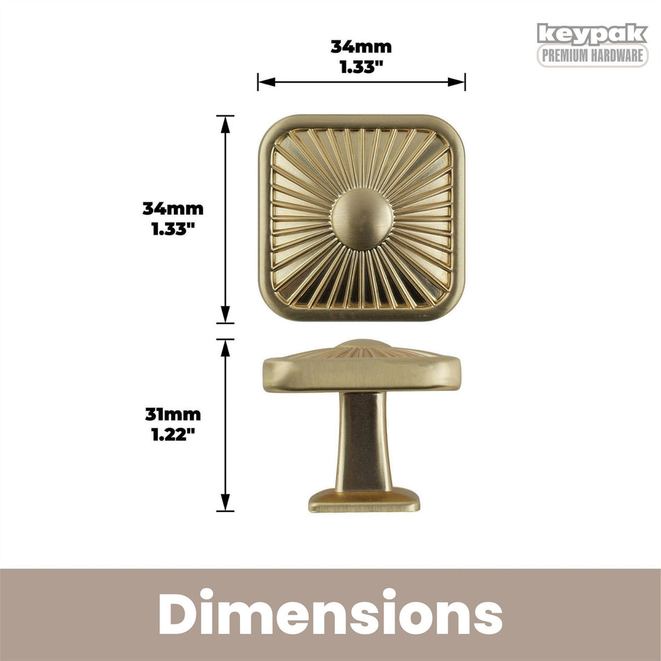 10 Pack Modern Chic Ribbed Square Knobs 35mm Brushed Brass