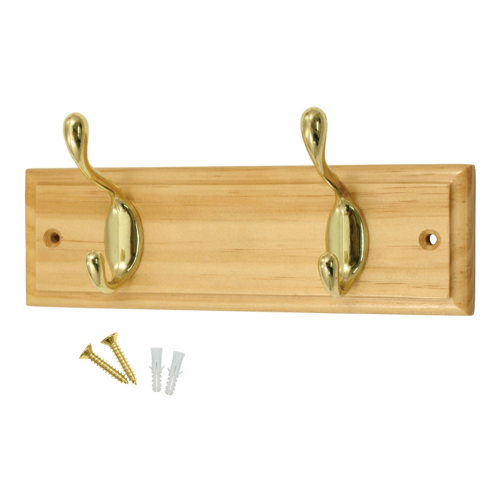 2 Polished Brass Hooks on Pine Wooden Board