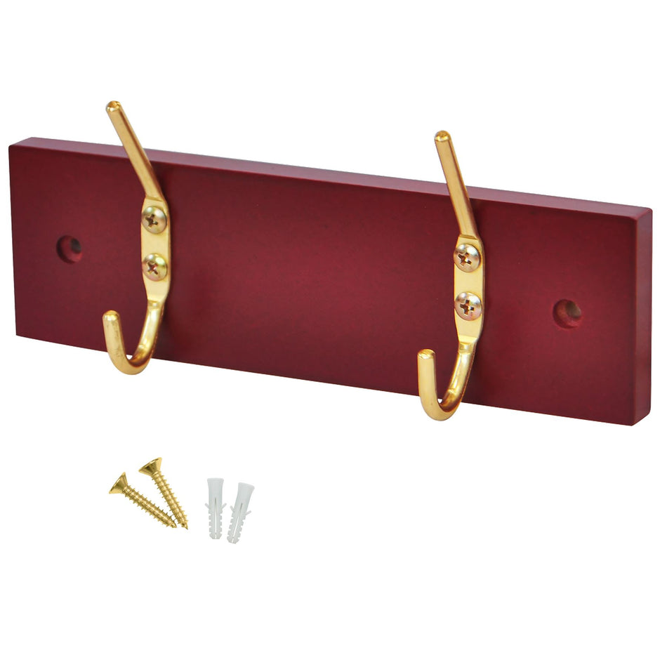 2 Brass Coat Hooks on Mahogany Wooden Board