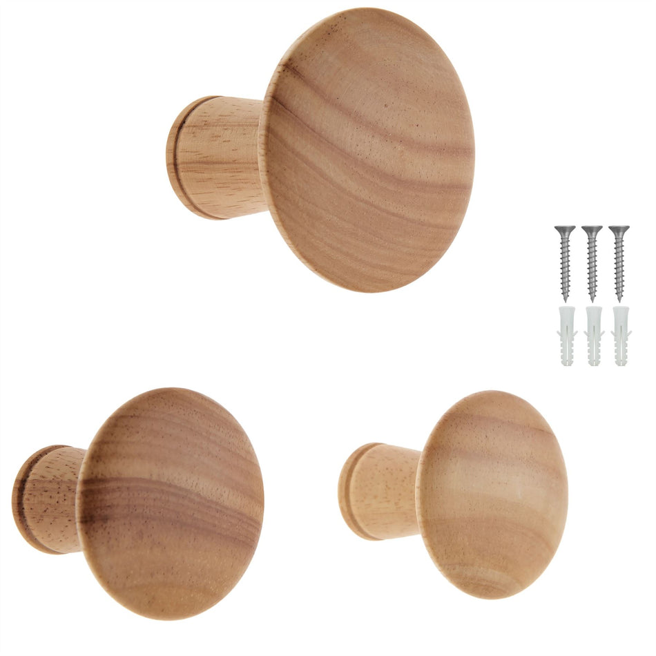 3 Wall Mounted Hooks 50mm Wood Decorative Coat Hooks
