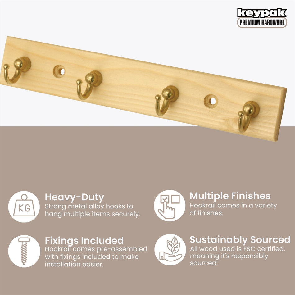 4 Brass Cup Hooks on Pine Wooden Board