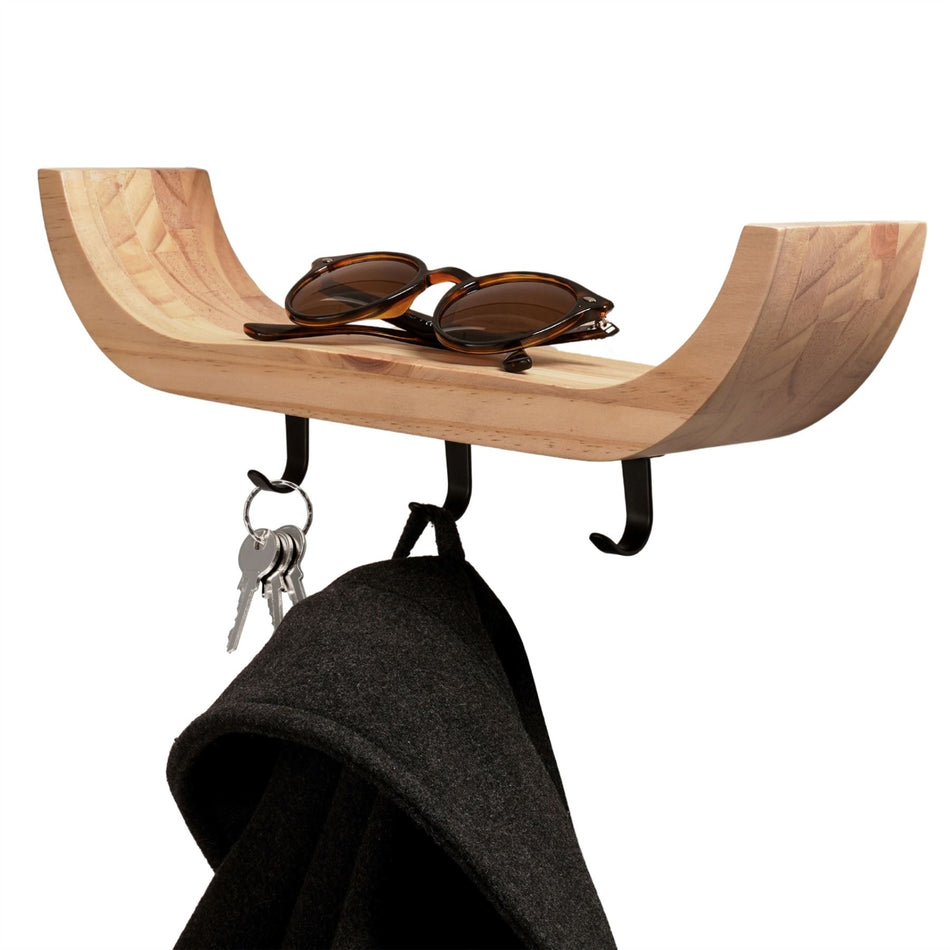 Wooden Key Holder & Curved Shelf, Wall Mounted Scandi Key Rack, 3 Black Hooks