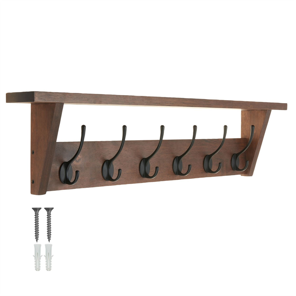 Victorian 6 Hook Coat Rack Wall Mounted with Shelf - 80cm - Oak