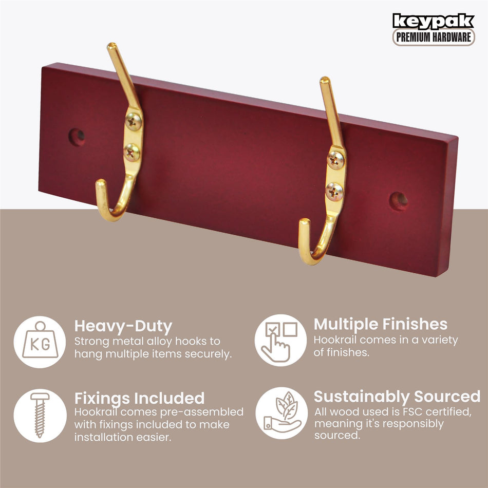 2 Brass Coat Hooks on Mahogany Wooden Board