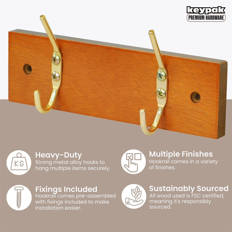 2 Brass Coat Hooks on Pine Wooden Board