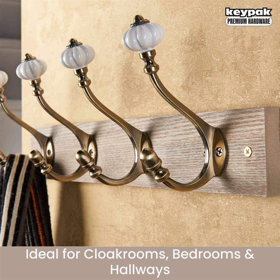 Victorian Wall-Mounted Coat 4 Hook Rail 46cm Wooden & Ceramic Hooks Coats Towel