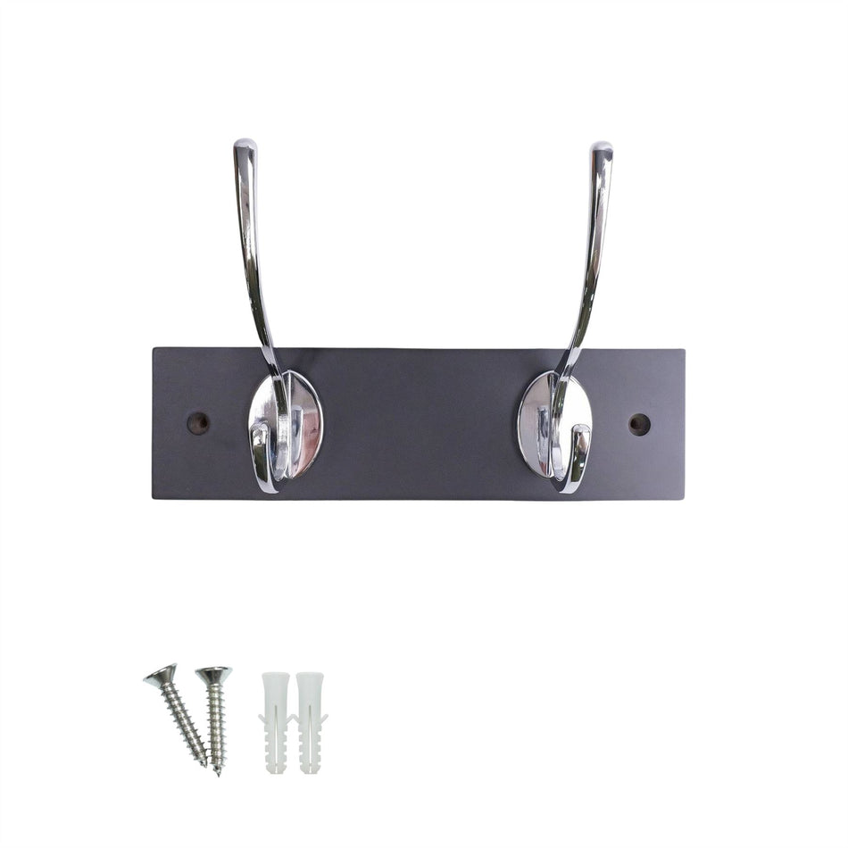 Black Wall Mounted Coat Rack with Victorian Chrome Hooks - 2 Double Hooks