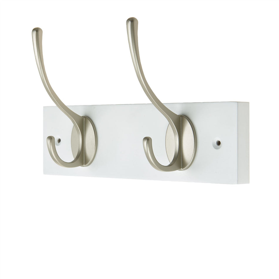2 Satin Nickel Coat Hooks on White Wooden Board