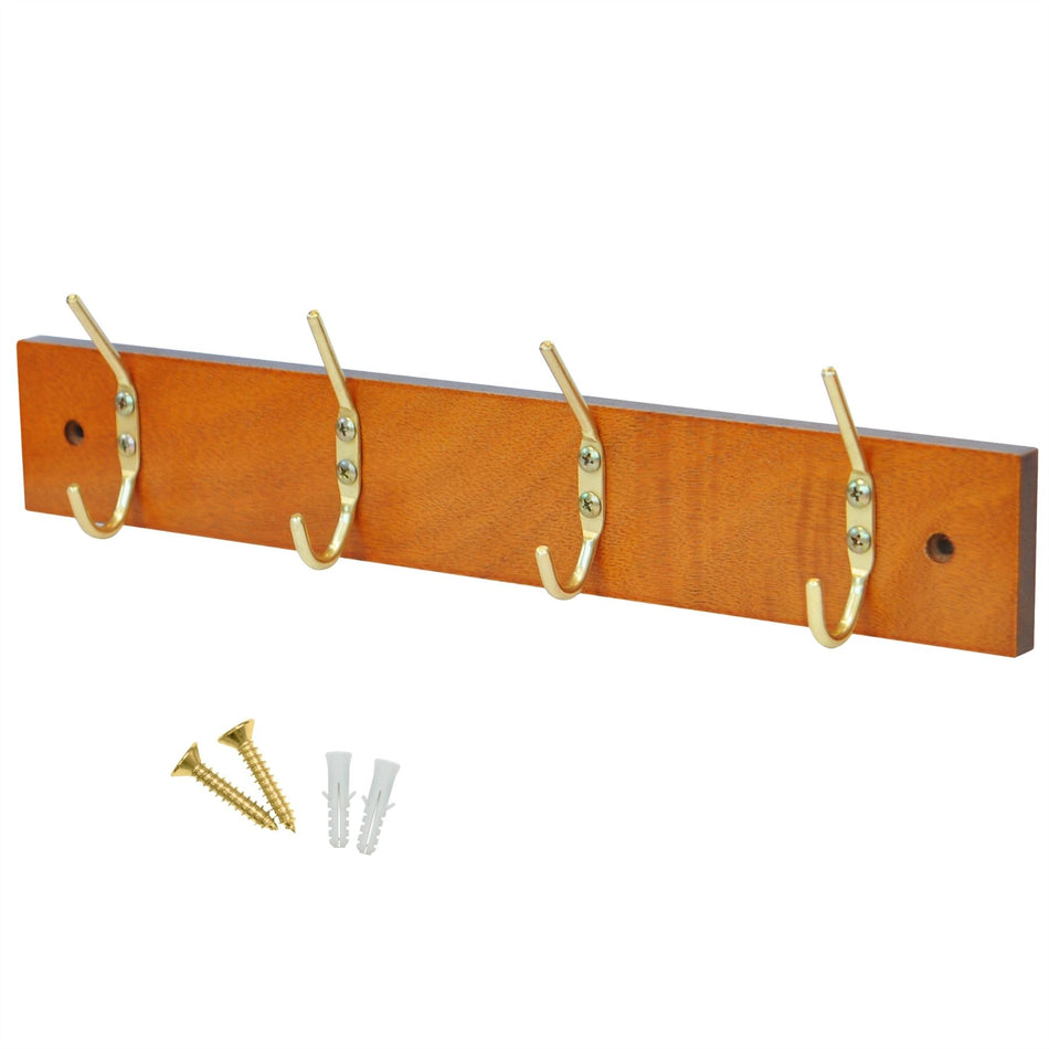 4 Brass Coat Hooks on Pine Wooden Board