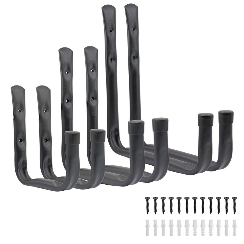 Wall-Mounted Garage Storage Hooks for Tools and Ladders, 3 Sizes, 6 Pack