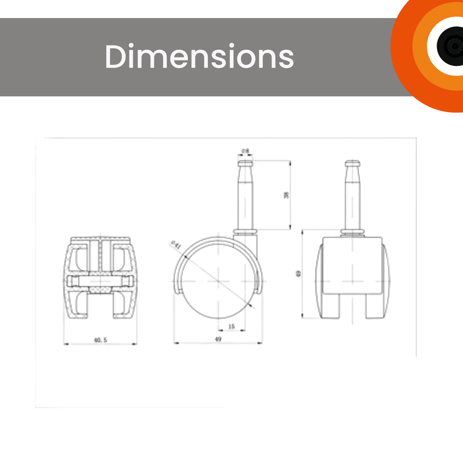 Hooded Swivel Castor Wheels 40mm Diameter, Black Plastic, Stem Fixing - 4 Pack