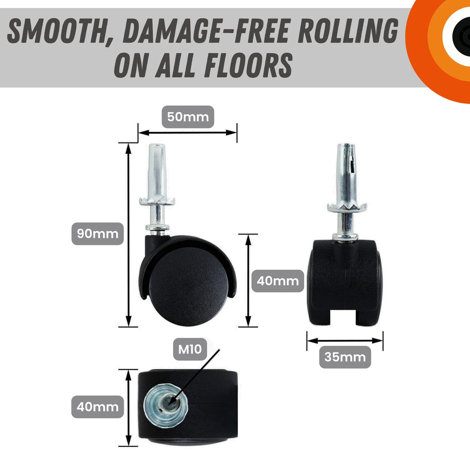 Hooded Swivel Castor Wheels 40mm Diameter, Black Plastic, Stem Fixing - 4 Pack