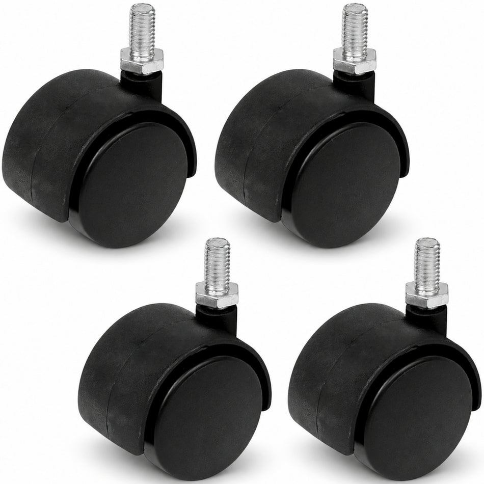 Hooded Swivel Castor Wheels 40mm Twin Wheel, Threaded Stem, 18kg Load - 4 Pack