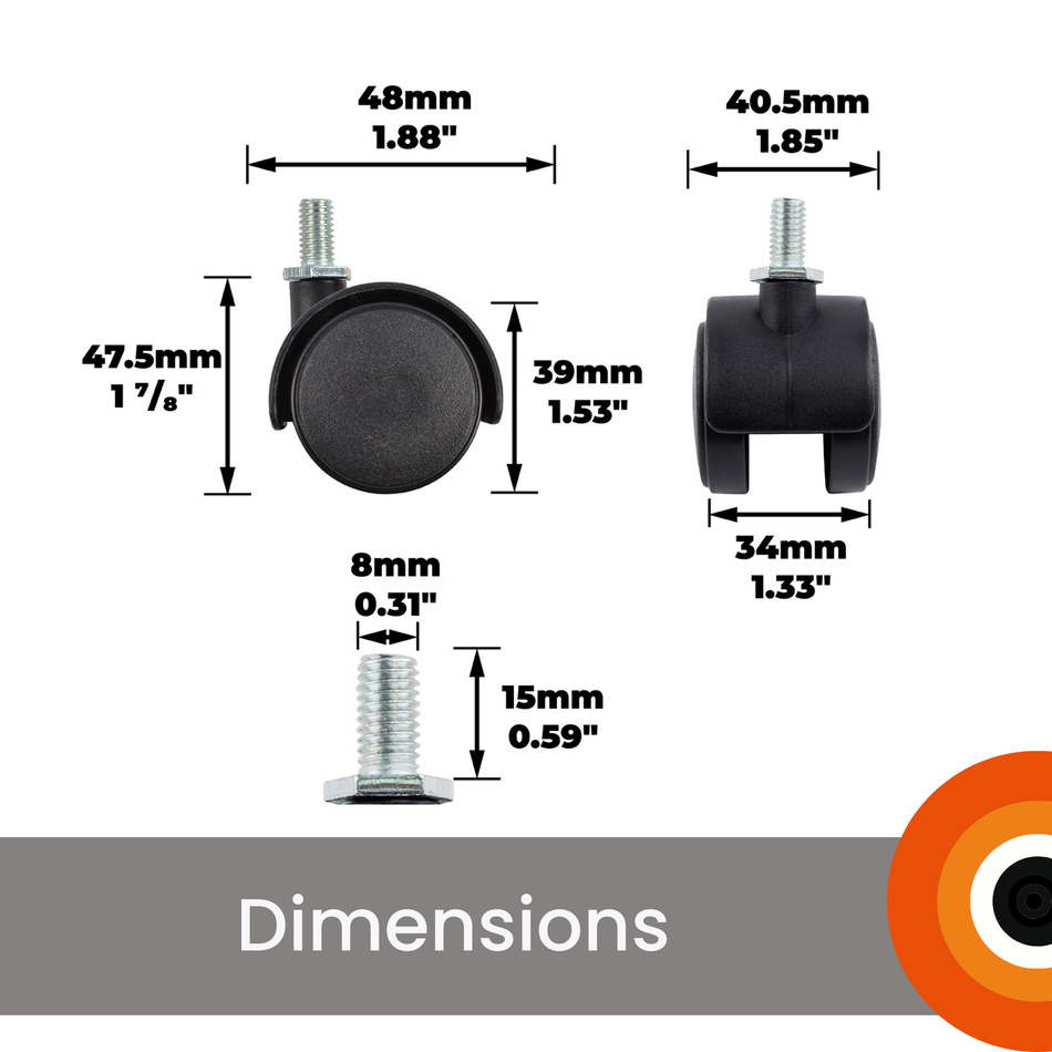 Hooded Swivel Castor Wheels 40mm Twin Wheel, Threaded Stem, 18kg Load - 4 Pack
