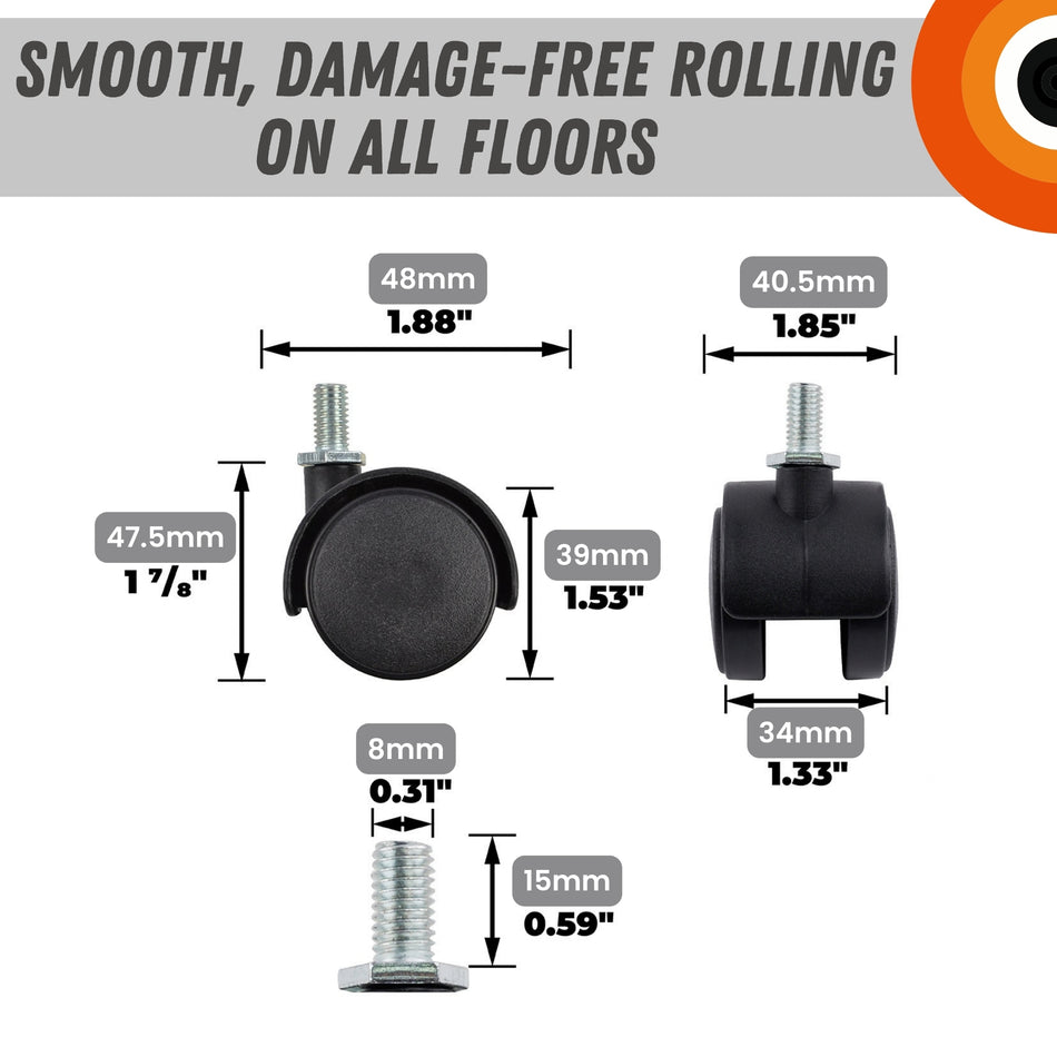 Hooded Swivel Castor Wheels 40mm Twin Wheel, Threaded Stem, 18kg Load - 4 Pack