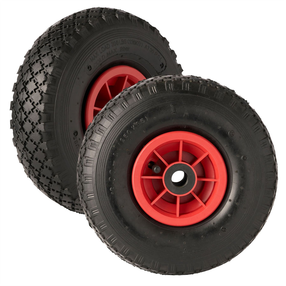 10 inch Pneumatic Wheel, 20mm Bore, Red Plastic Rim, 2 Pack