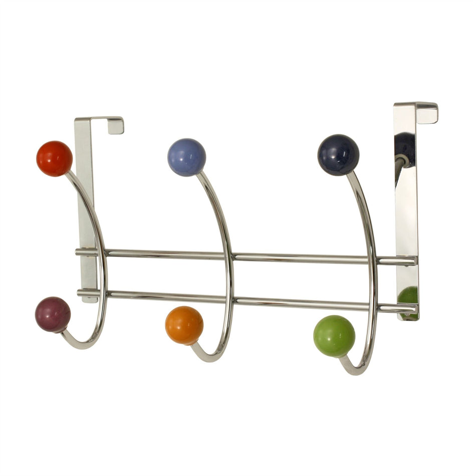 Chrome Over The Door Coat Rack - 3 Multicoloured Ceramic Double Hooks