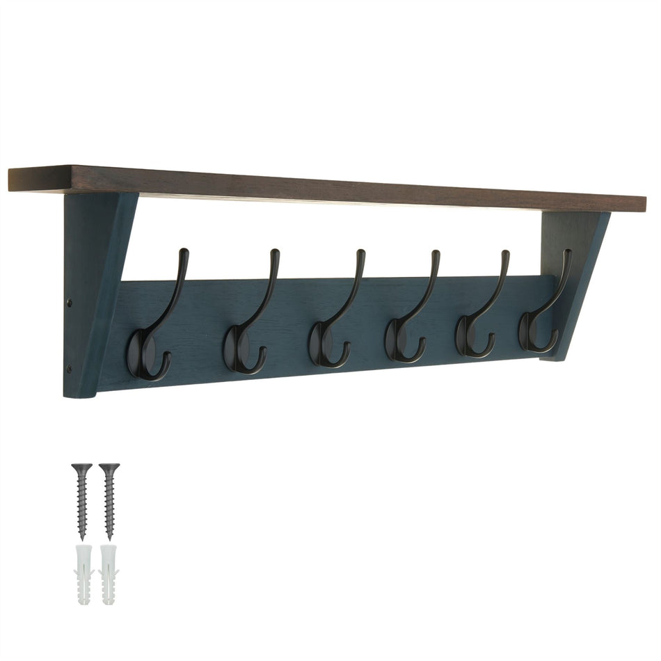 Victorian 6 Hook Coat Rack Wall Mounted with Shelf- Grey Oak Effect