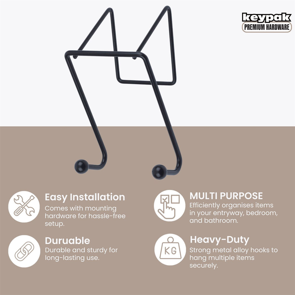 Black Metal Over The Door Coat Rack - 2 Ball End Hooks