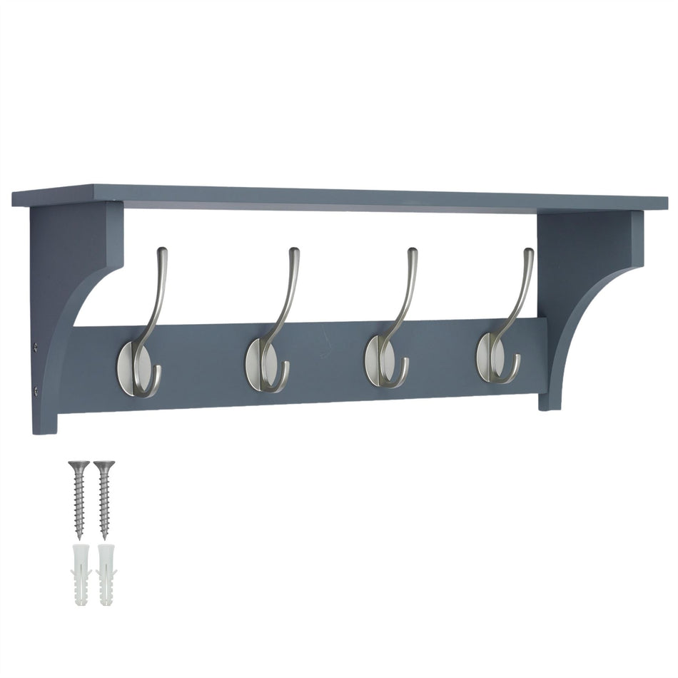Victorian 4 Hook Wall Mounted Coat Rack with Shelf, 56cm - Grey Wood