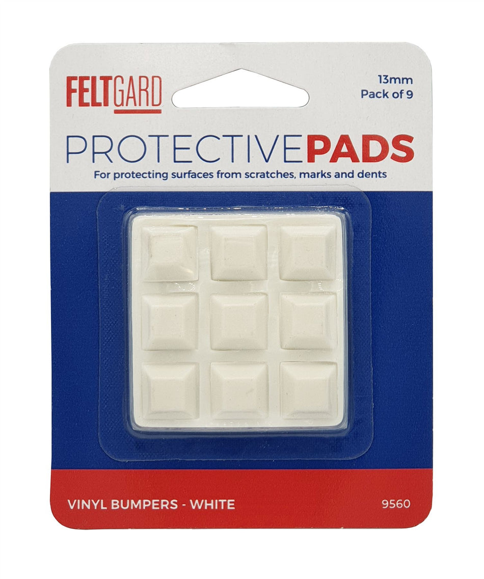 13mm White Square Adhesive Vinyl Bumper Pads – Pack of 9