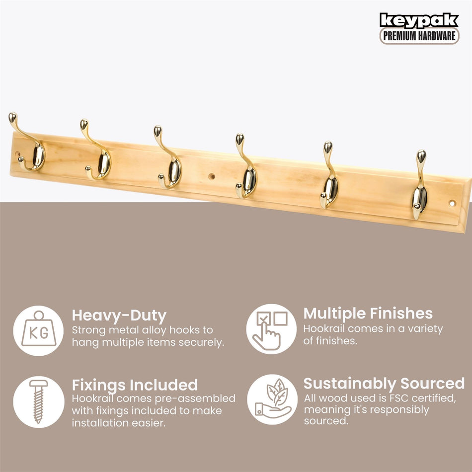 6 Polished Brass Heavy-Duty Hooks on Pine Wooden Board