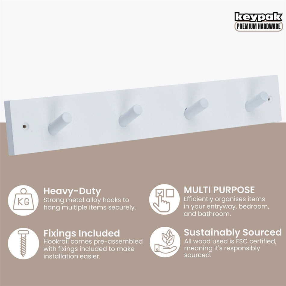 4 White Wooden Peg Hooks on White Wooden Board