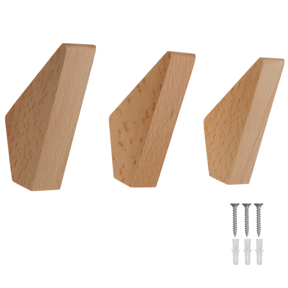 3 Wall Mounted Hooks-50mm Beech Wood Decorative Coat Hooks