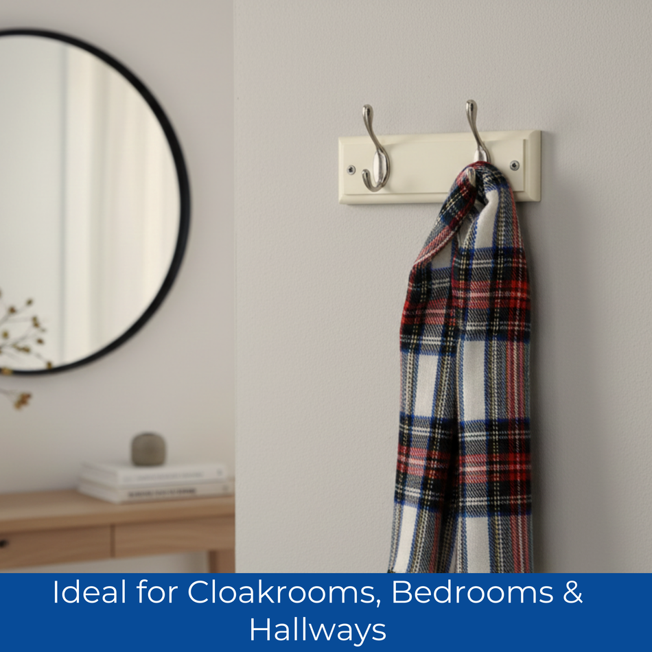 Cream Wall Mounted Coat Rack with Basic Satin Nickel Double Hooks - 2 Hooks