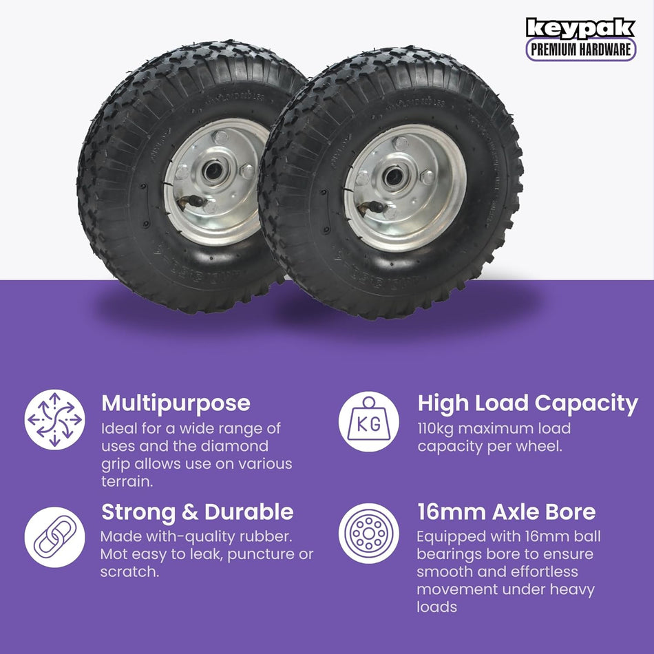 2 x 10" Pneumatic Tyres, 3.00-4, 20mm Bore, 272kg Capacity, Replacement Wheels for Trolleys, Carts, Trailers