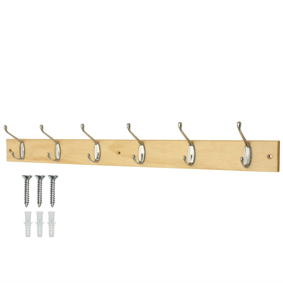 Wall Mounted Coat Rack, 69cm Pine Board & 6 Polished Chrome Hooks
