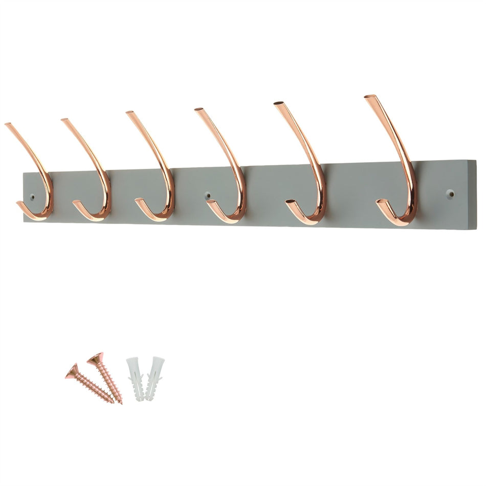 Grey Wall Mounted Coat Rack, 6 Polished Copper Ribbed Hooks
