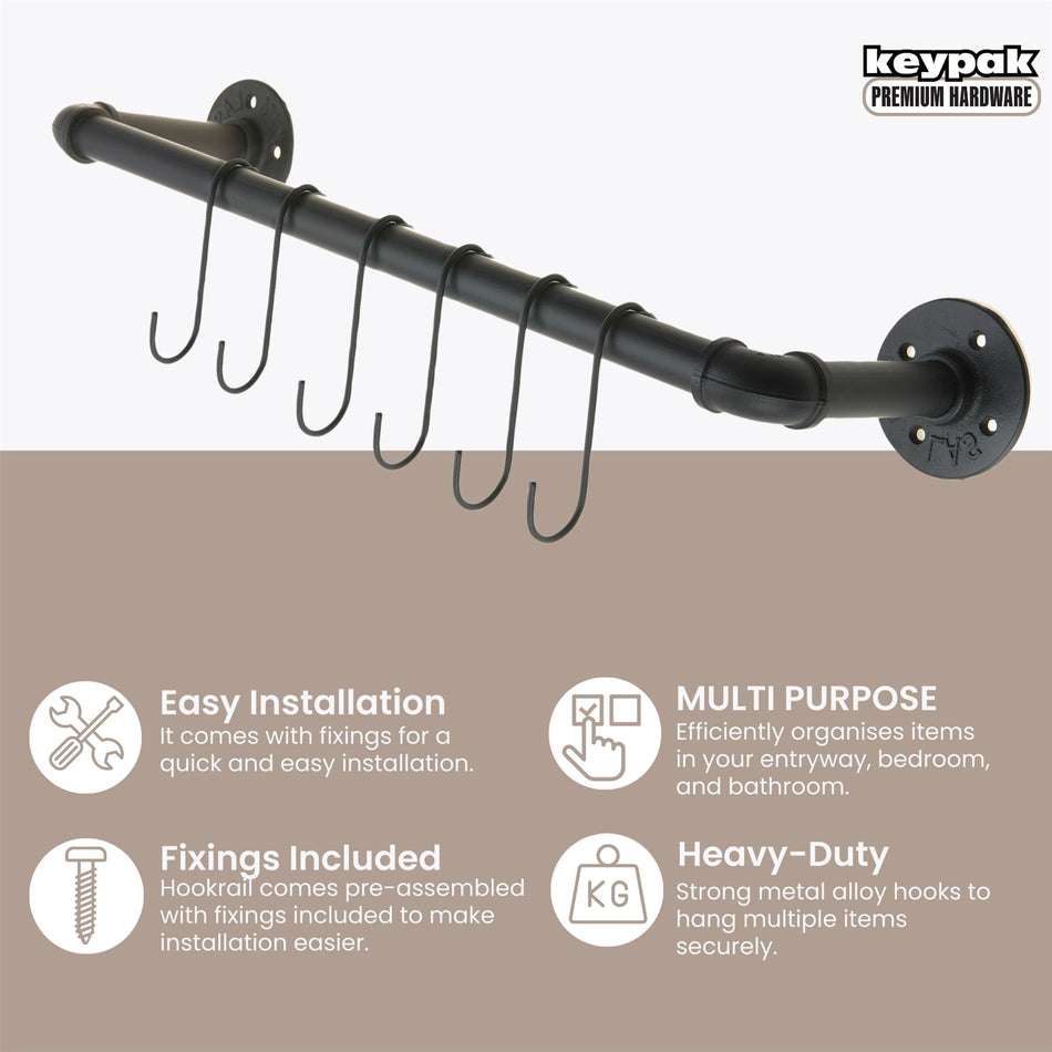 Black Wall Mounted Industrial Pipe Style Coat Rack with 6 Hooks