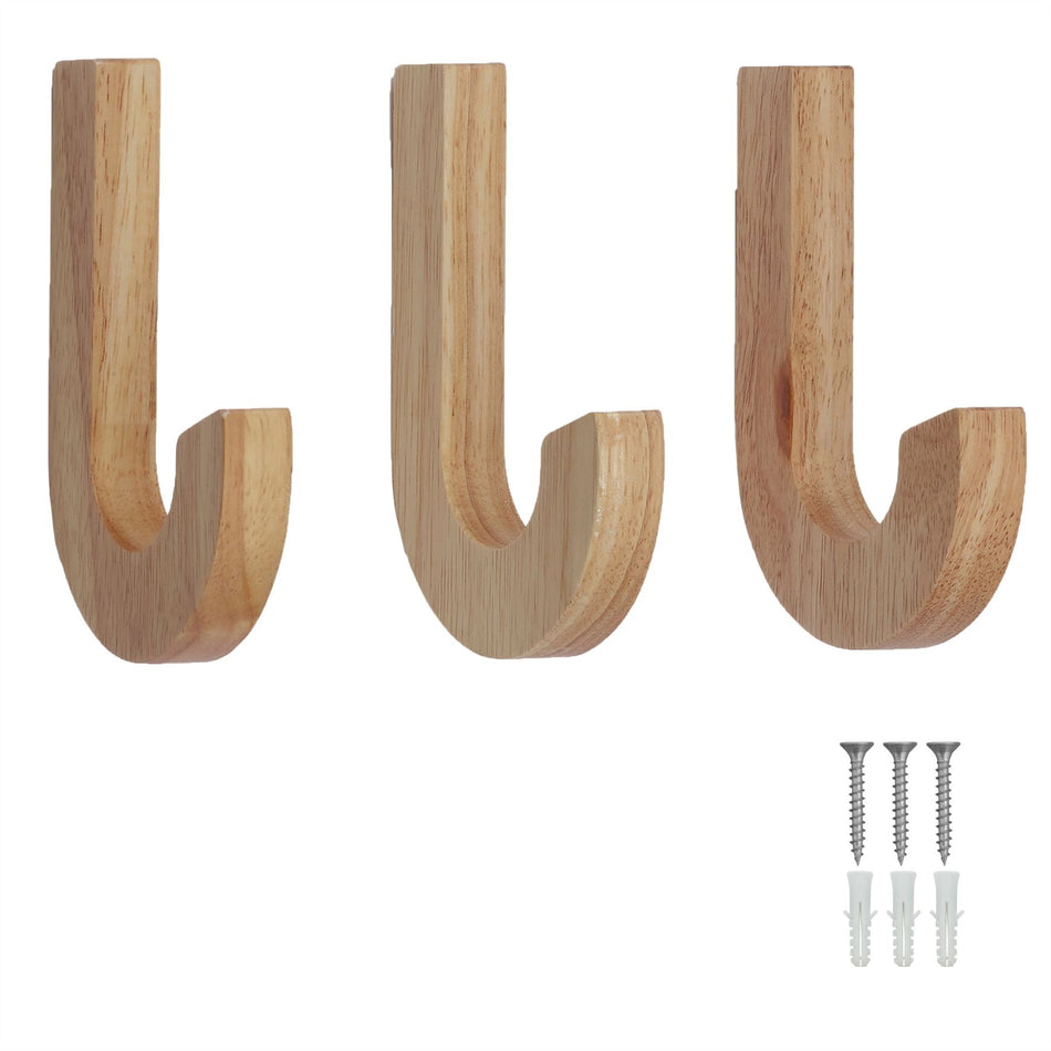 3 Wall Mounted Hooks-50mm J Pine Wood Decorative Coat Hooks